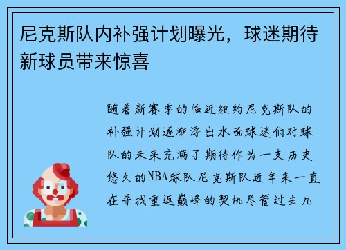 尼克斯队内补强计划曝光，球迷期待新球员带来惊喜