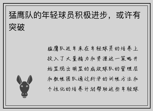 猛鹰队的年轻球员积极进步，或许有突破