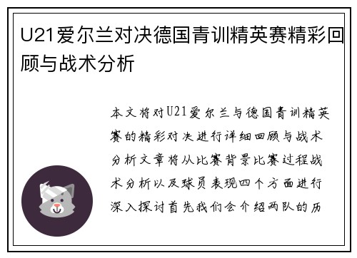 U21爱尔兰对决德国青训精英赛精彩回顾与战术分析