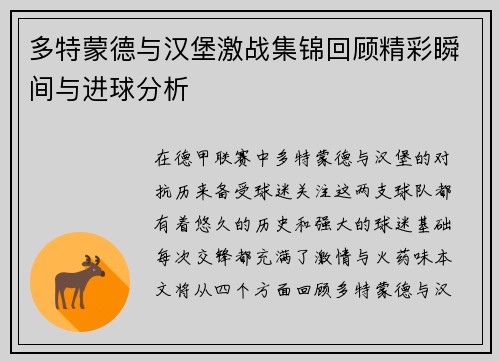 多特蒙德与汉堡激战集锦回顾精彩瞬间与进球分析